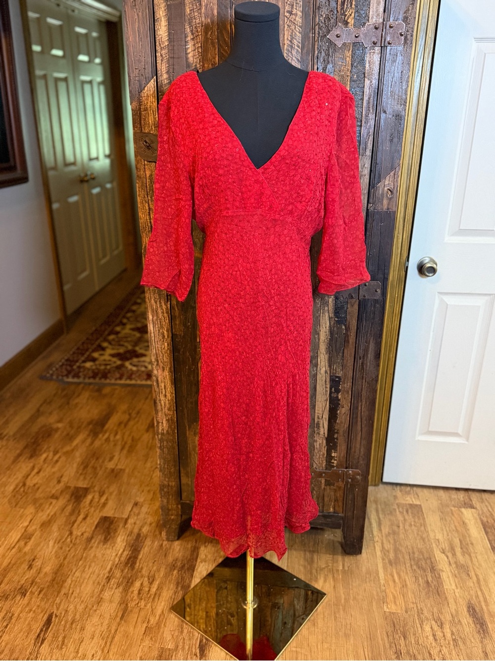 VTG Y2K I.C.E. Red 100% Silk Beaded Maxi Dress 12 Whimsigoth Fairy date night